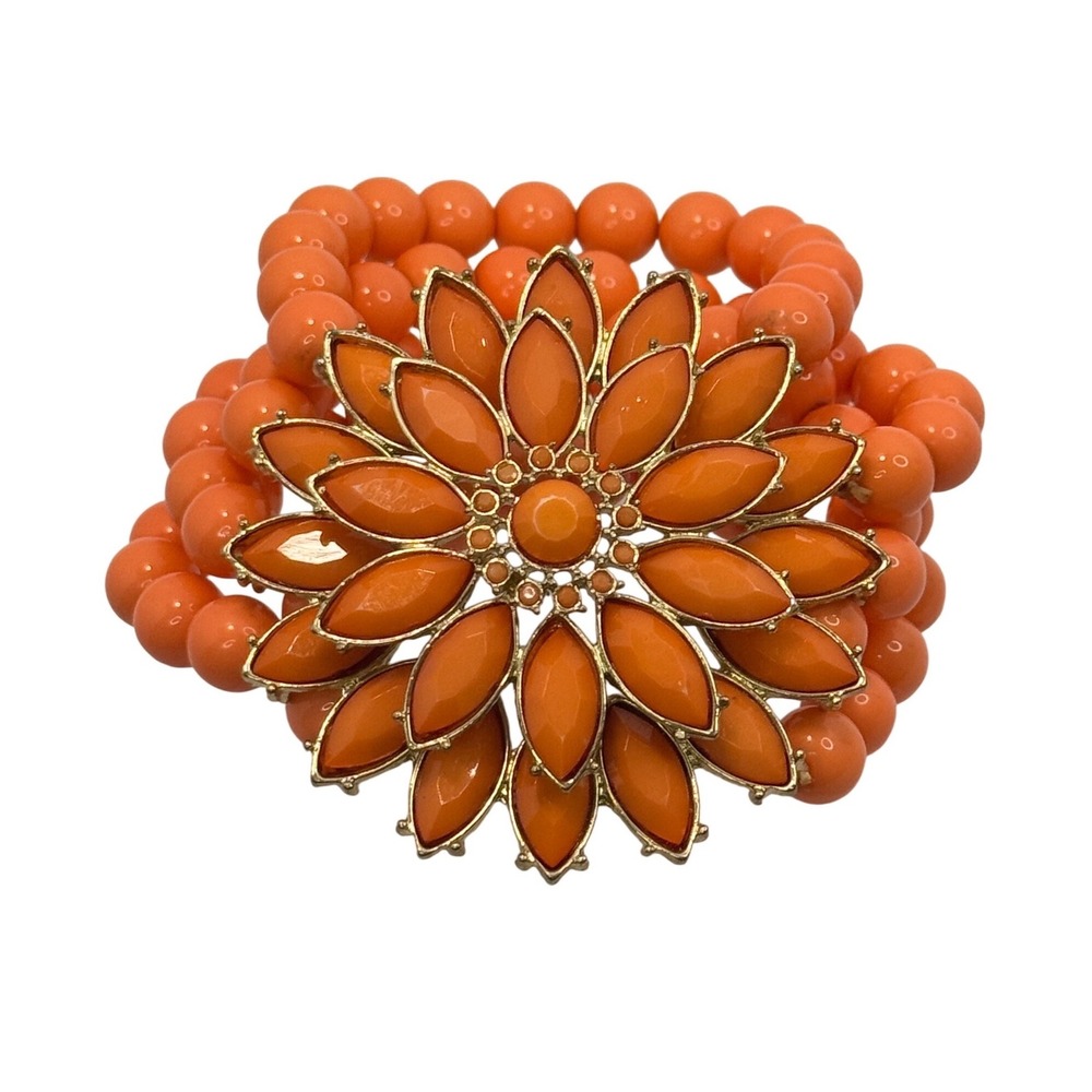 Orange Multi Strand Stretch Bracelet Floral Statement Bead Gold‎ Tone Chunky Y2K
